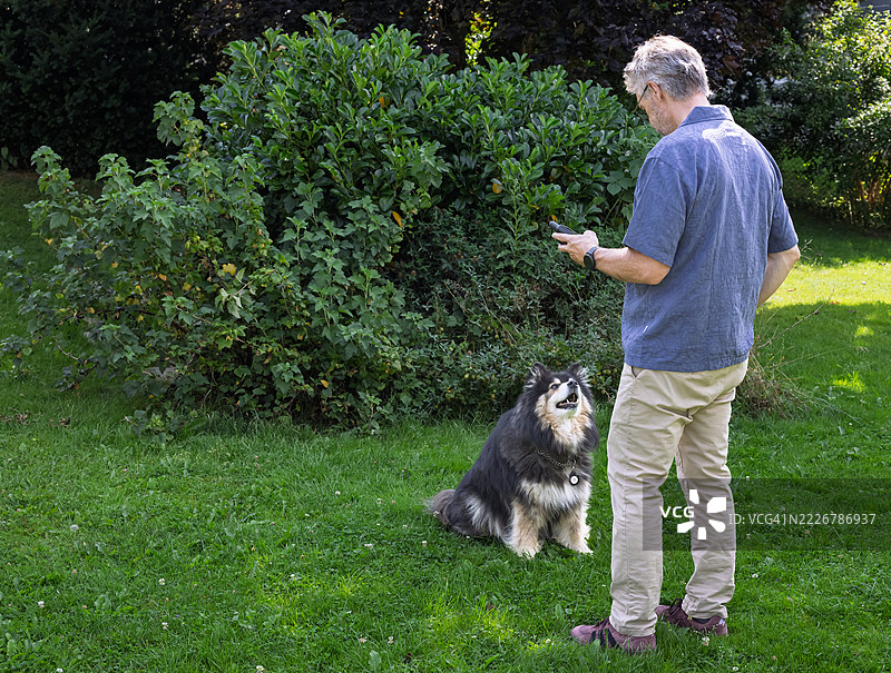 狗主人手中拿着GPS设备，正在加载今天徒步旅行的地图。图片素材
