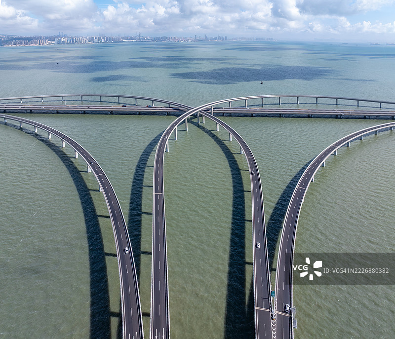 中国山东省青岛胶州湾大桥的无人机航拍视角图片素材