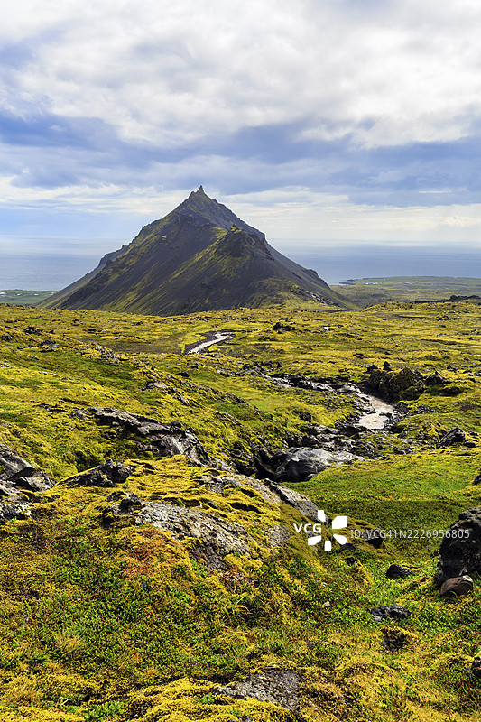 荒凉的苔藓覆盖的火山景观,锥形山峰Stapafell,阿尔纳尔斯塔皮,斯奈菲尔斯冰川火山系统,斯奈法尔斯半岛,西冰岛,冰岛图片素材