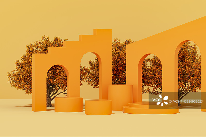 秋季色彩树木的讲台，极简抽象展览舞台，产品展示模型图片素材