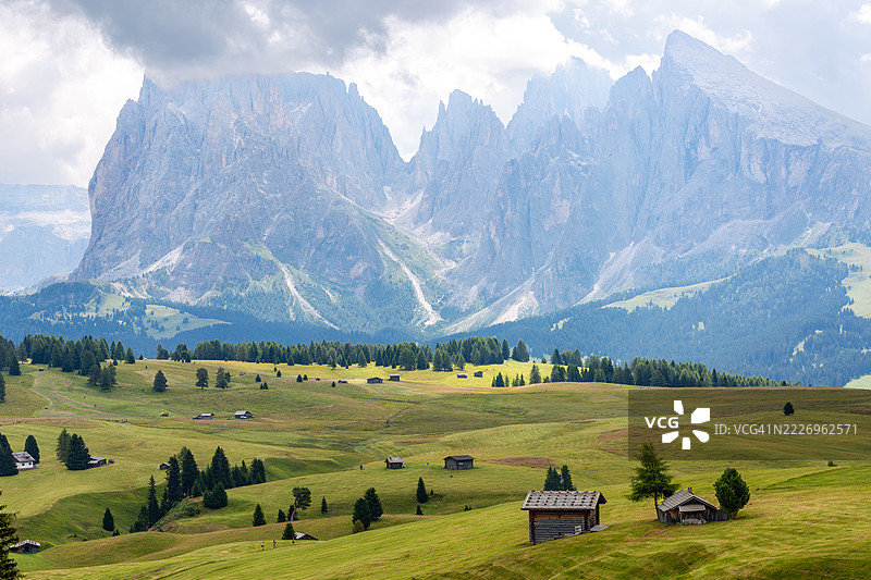 塞尔瓦尔德，阿尔卑斯山绿色景观。意大利多洛米蒂阿尔卑斯山。图片素材