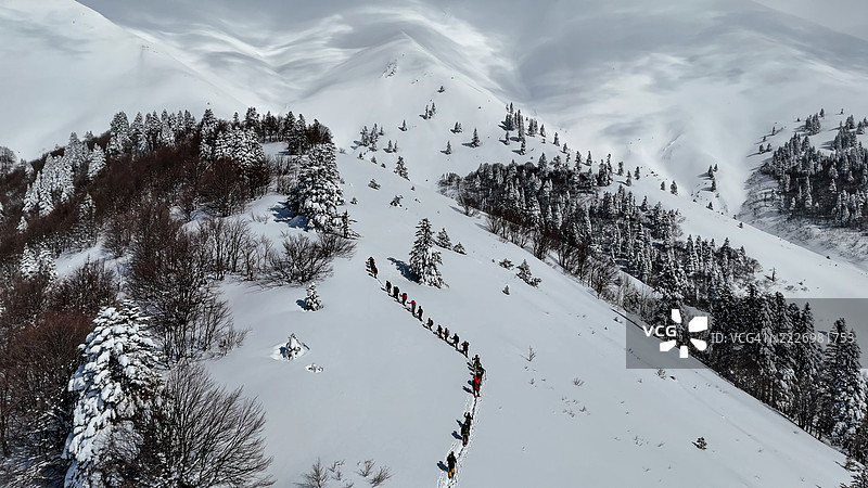 乌鲁达山（Uludağ Mountain），土耳其布尔萨（Bursa），冬季冒险，登山者在深雪中徒步穿越被森林覆盖的山坡，户外活动与自然探索的照片。图片素材