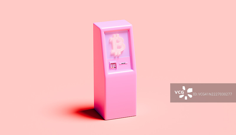 粉色比特币ATM机，发光屏幕，背景为柔和的桃色图片素材