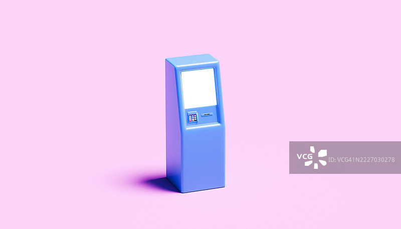 现代蓝色ATM机，明亮的白色屏幕，背景为鲜艳的粉色图片素材