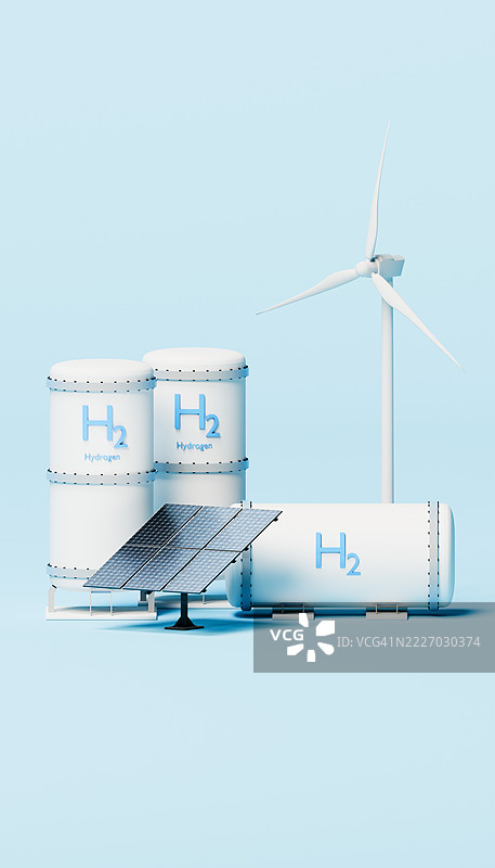 协同清洁能源 - 蓝绿色渐变背景上的氢气罐、风力涡轮机和太阳能电池板图片素材