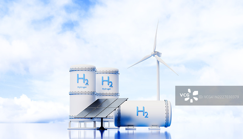 清洁能源融合 - 三个氢气罐与风力涡轮机和太阳能电池板在反射面上图片素材