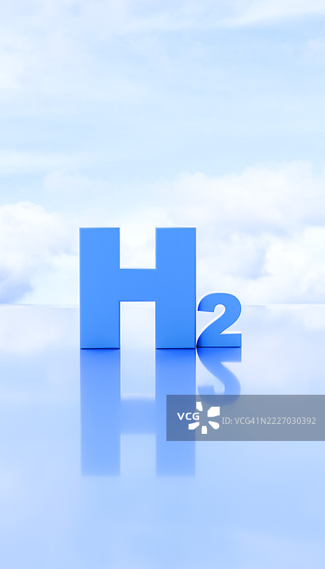 反射的蓝氢 – H2字母在柔和的多云天空下矗立图片素材