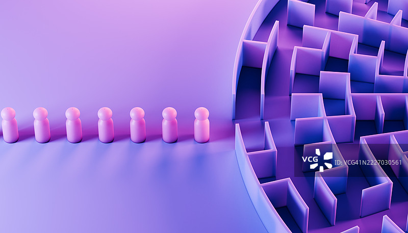 决策点 - 粉色棋子在未来主义灯光下接近圆形迷宫图片素材