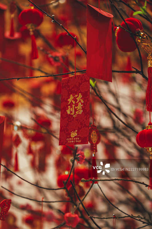 中国广东广州 - 春节装饰，红色红包和灯笼图片素材