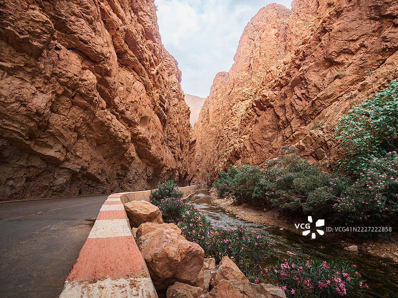 著名的达德斯河峡谷的广角视图，河流两旁种满植物和花卉，沿着深而狭窄的峡谷道路延伸，布马尔内达德斯（Boumalne-Dadès） - 蒂内里夫省 - 德拉-塔菲拉勒 - 阿特拉斯山脉 - 摩洛哥。图片素材