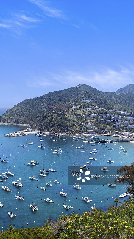 美国，加利福尼亚，卡塔利娜岛湾和阿瓦隆的全景。钟声瞭望台。旅游景点图片素材