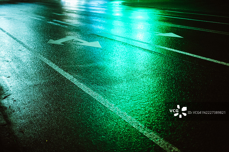 夜间湿路上红绿灯的倒影图片素材