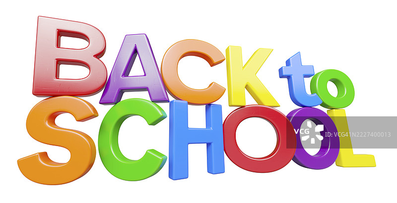堆叠的塑料磁性字母拼写出“回到学校”这个短语，透视效果，孤立在白色背景上。图片素材