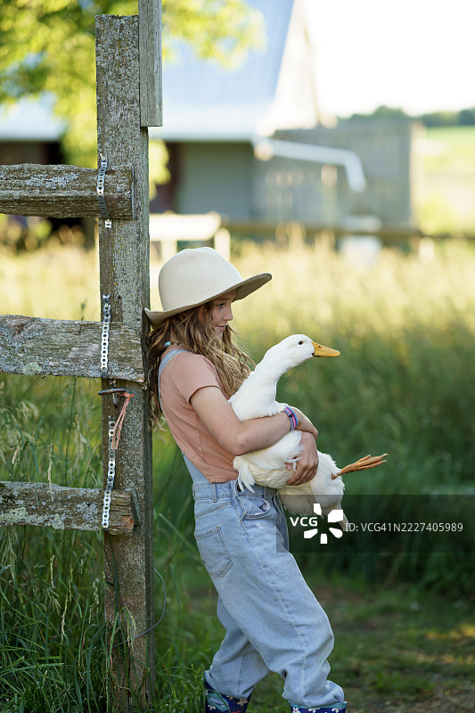 乡村农场环境中抱着鸭子的小女孩图片素材