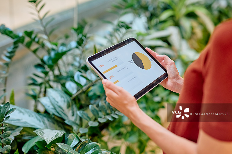 女商人在绿色办公空间中使用数字平板分析财务图表图片素材