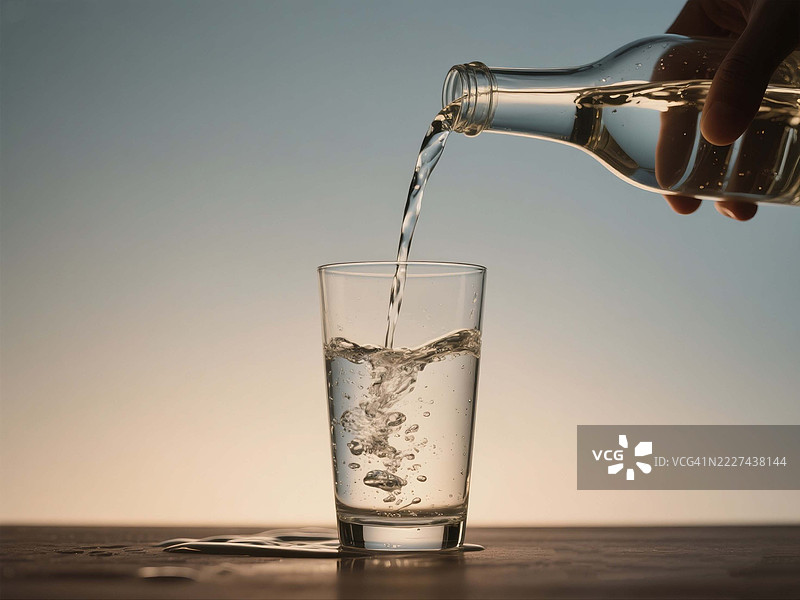 将清水倒入玻璃杯，水花四溅，木桌上，马来西亚图片素材