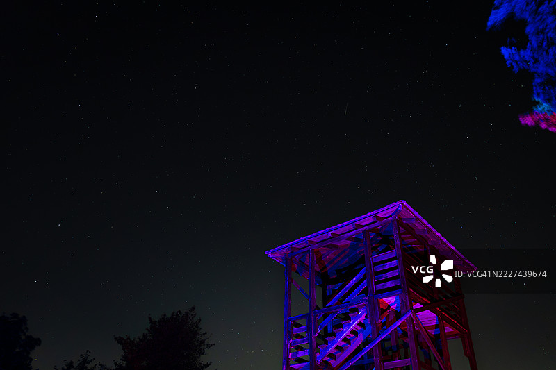 夜空下，照亮的建筑物低角度视图，塞尔维亚，伏伊伏丁那，斯雷姆斯卡卡门尼察图片素材