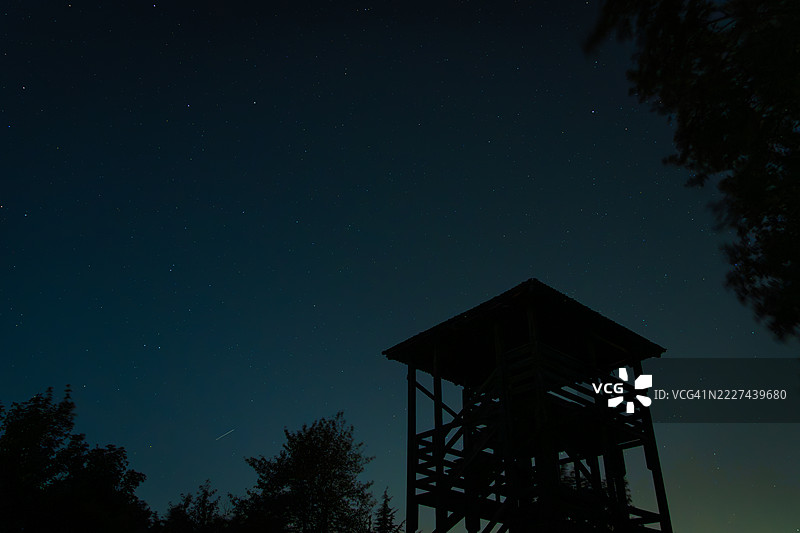 夜空下，低角度视角的建筑轮廓，位于塞尔维亚的沃伊伏丁那，斯雷姆斯卡卡门尼察。图片素材