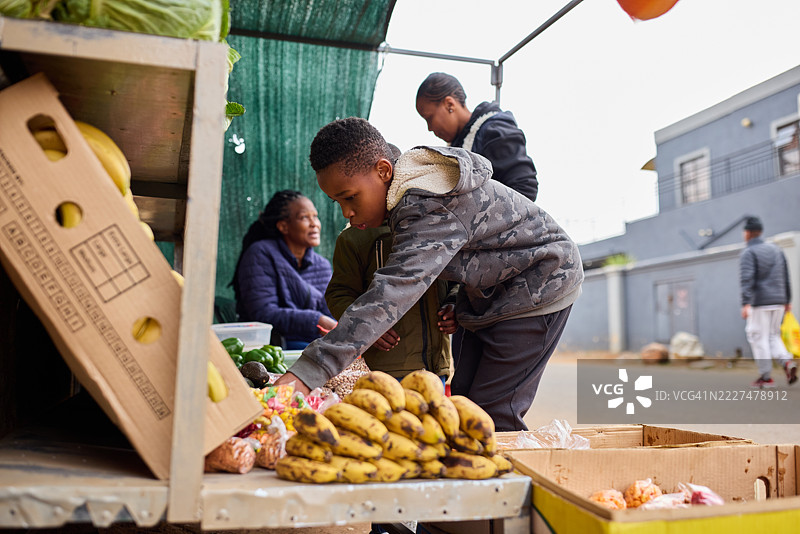 好奇的男孩在检查蔬菜和水果图片素材