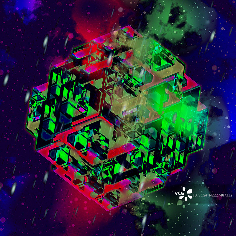 未来主义几何立方体漂浮在深空中。色彩斑斓的抽象3D立方体在宇宙星系背景中漂浮，散发出未来感的能量。图片素材