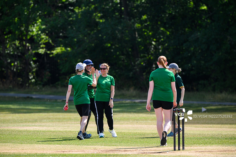 击球手出局，板球场上的队员们击掌庆祝图片素材
