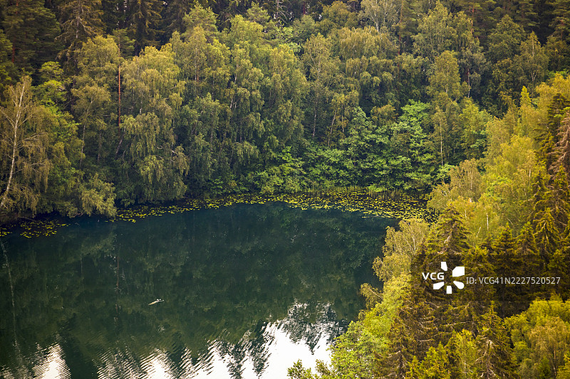 日落时分，俯瞰在森林湖泊中游泳的人，漂浮在水面上 - 股票照片图片素材