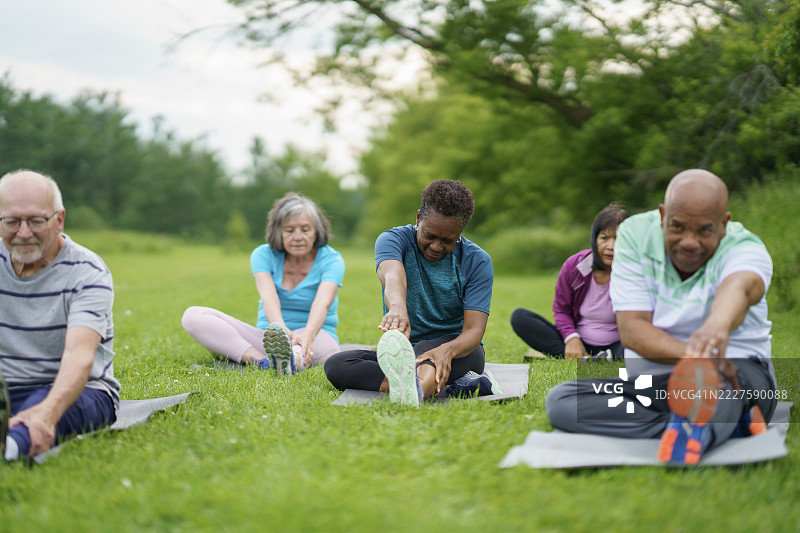 一群老年人在公园享受户外拉伸和瑜伽锻炼图片素材