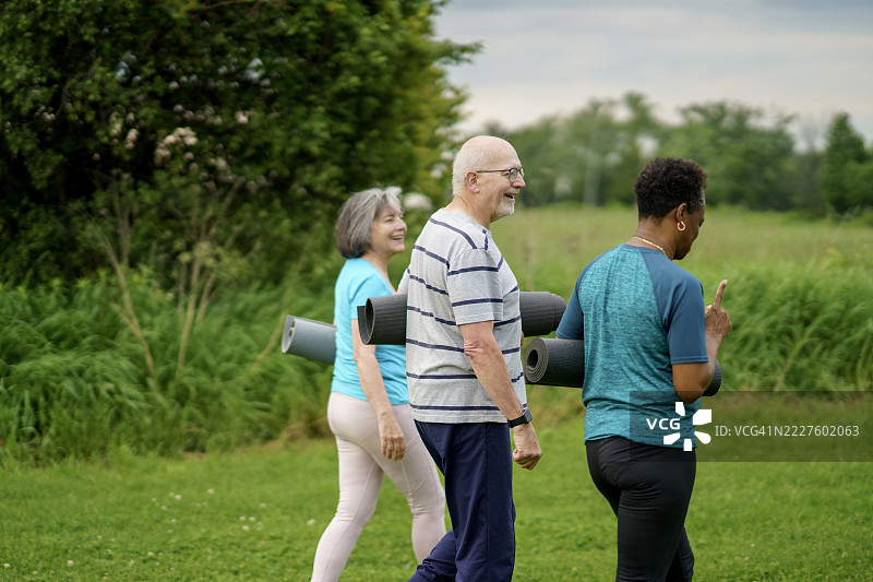 老年人团体在公园享受户外瑜伽垫锻炼图片素材