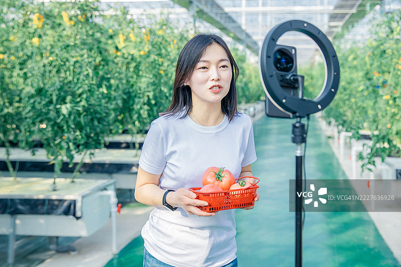 亚洲女性农民正在用手机进行直播图片素材