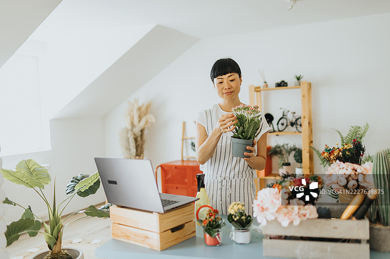 美丽的日本女性在家中照顾植物的同时观看笔记本电脑上的教程图片素材