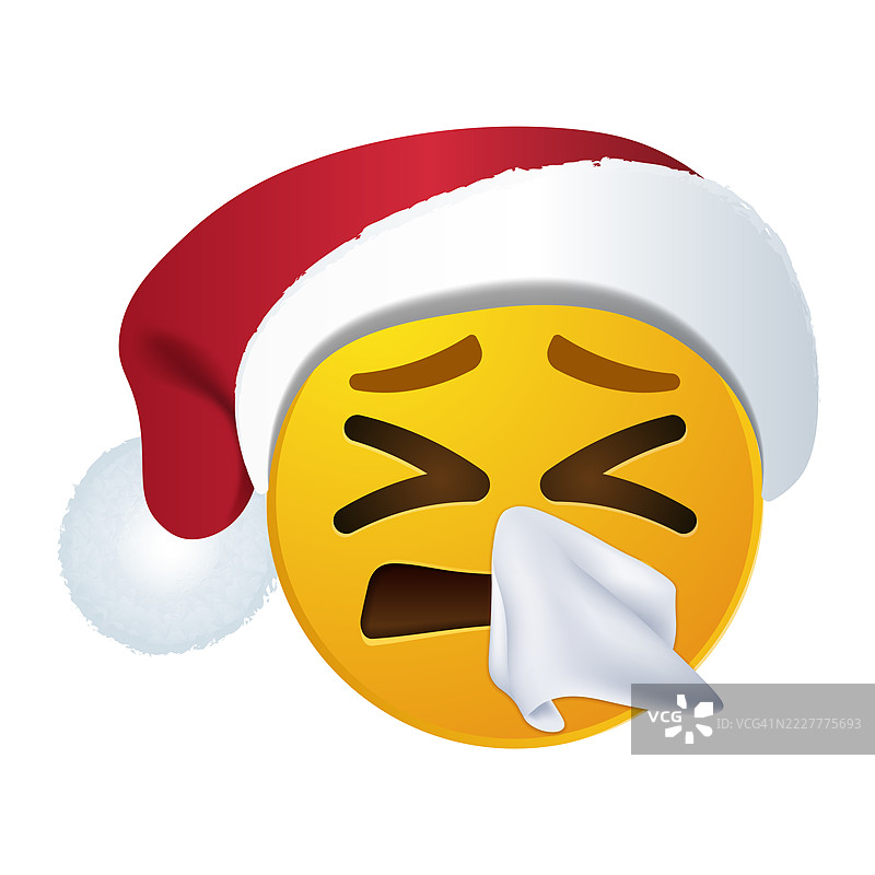圣诞节表情符号插图，带有打喷嚏的脸和手帕图片素材