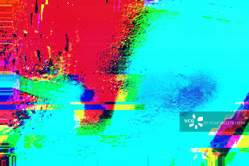 充满活力的霓虹红、蓝、青色故障艺术，适合80年代和Y2K美学图片素材