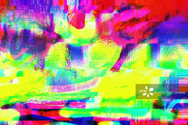 充满活力的故障艺术图案，采用霓虹红、黄、蓝色，适合80年代和Y2K美学图片素材