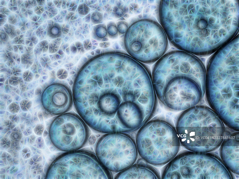 抽象背景，液体分子通过电神经相互连接。图片素材