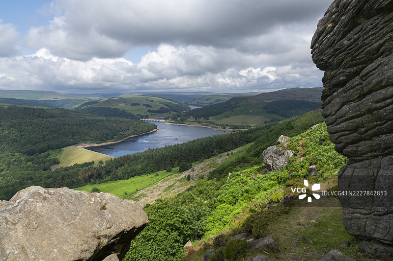 从班福德边缘俯瞰的莱迪博尔水库，皮克区，德比郡，英格兰图片素材