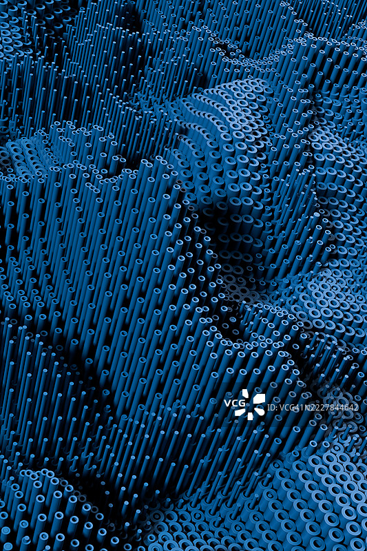 蓝色圆柱形结构的抽象垂直3D渲染，形成动态波浪状表面。未来科技背景，适合数据、数字或科幻主题。现代、简洁且视觉吸引。图片素材