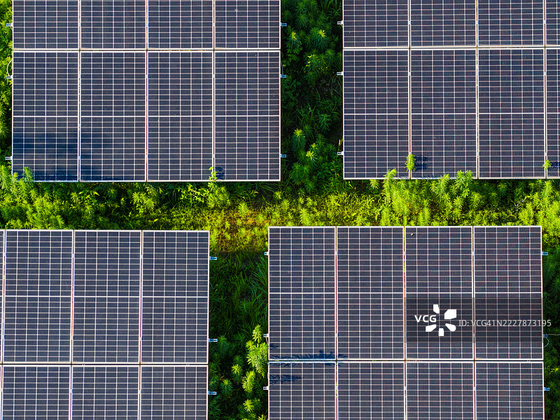 现代太阳能电池板与绿色草坪，太阳能生态概念图片素材