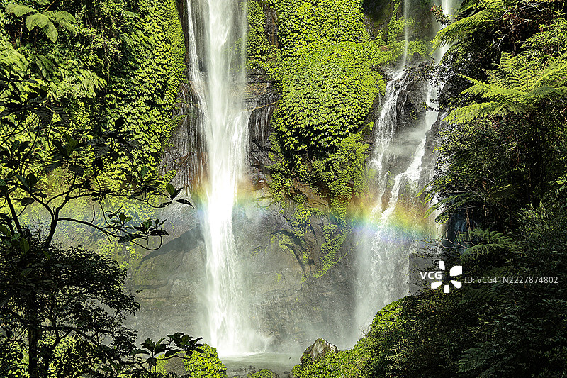 巴厘岛布勒伦的塞昆普尔瀑布上空的彩虹，慢速快门拍摄。图片素材