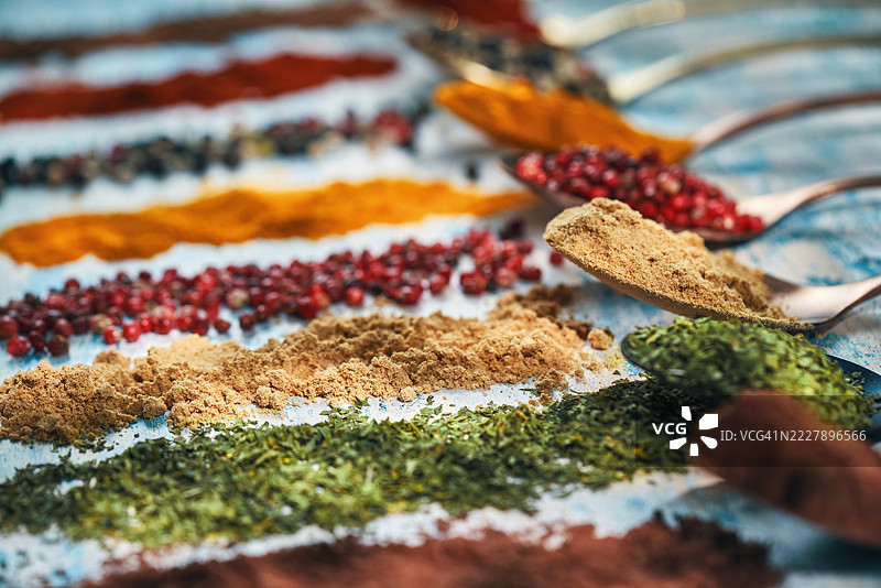 香料的变种：辣椒粉、肉桂、红辣椒粉、肉豆蔻和胡椒粒图片素材