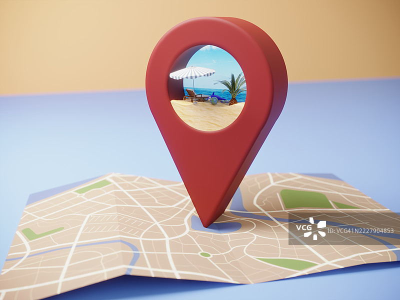 地图上的旅行目的地图钉 - 海滩度假概念图片素材