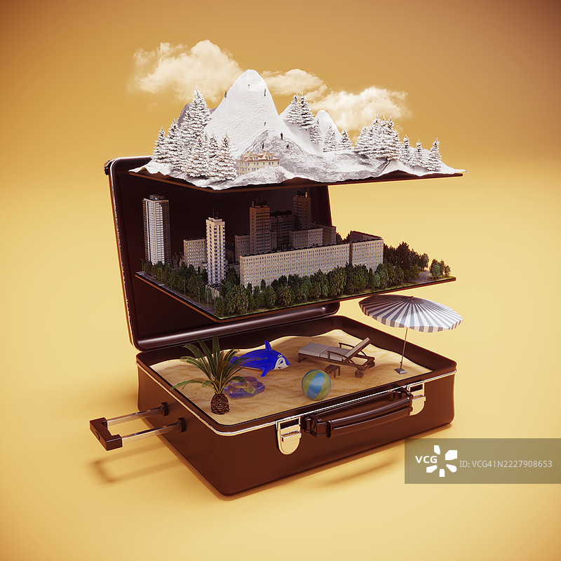 带有分层旅行目的地的行李箱图片素材