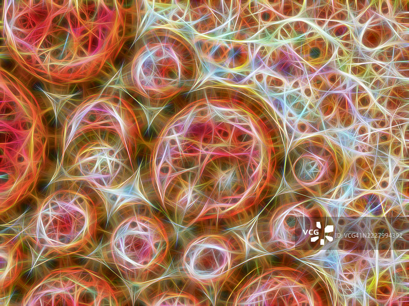 抽象背景，液体分子通过电神经相互连接，呈橙色调。图片素材