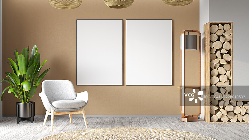 现代客厅，配有木质装饰和空白海报图片素材