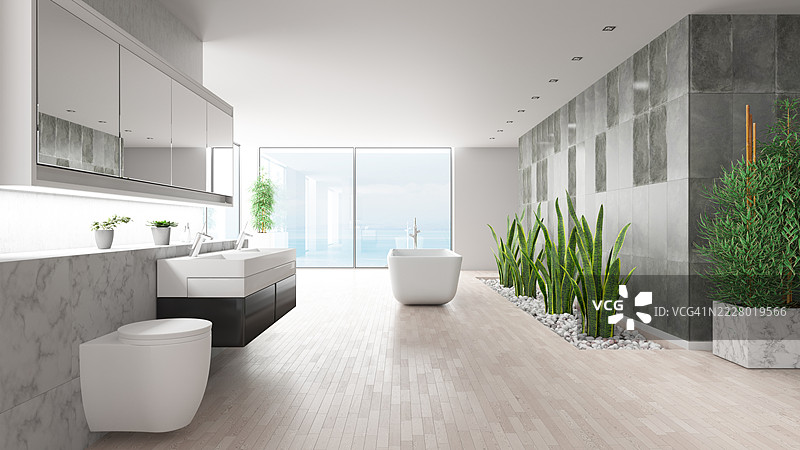 现代设计的奢华浴室室内，享有海洋景观图片素材