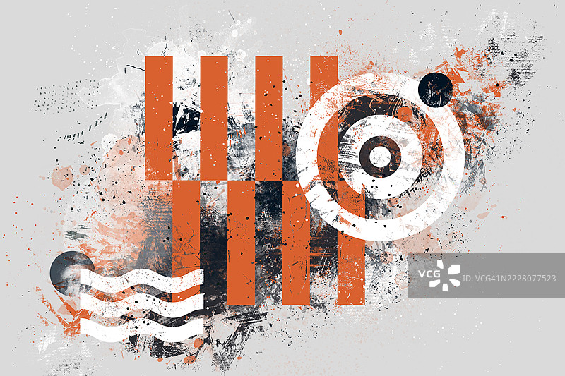 带有橙色线条和圆形元素的抽象磨损艺术。现代抽象作品，包含垂直的橙色条纹、白色圆圈和轻灰色背景上的磨损纹理。图片素材