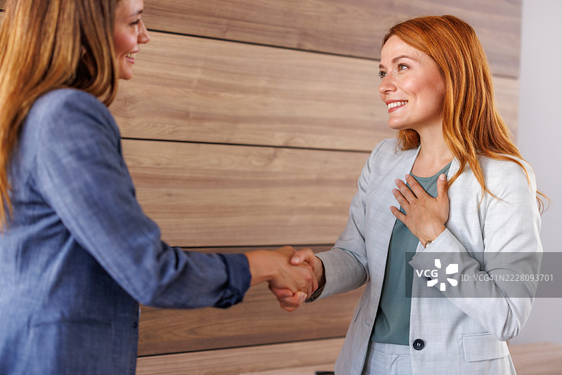 两位女商人怀着感激和尊重握手。图片素材