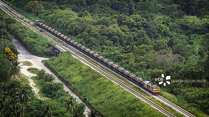 油罐列车的鸟瞰图。图片素材