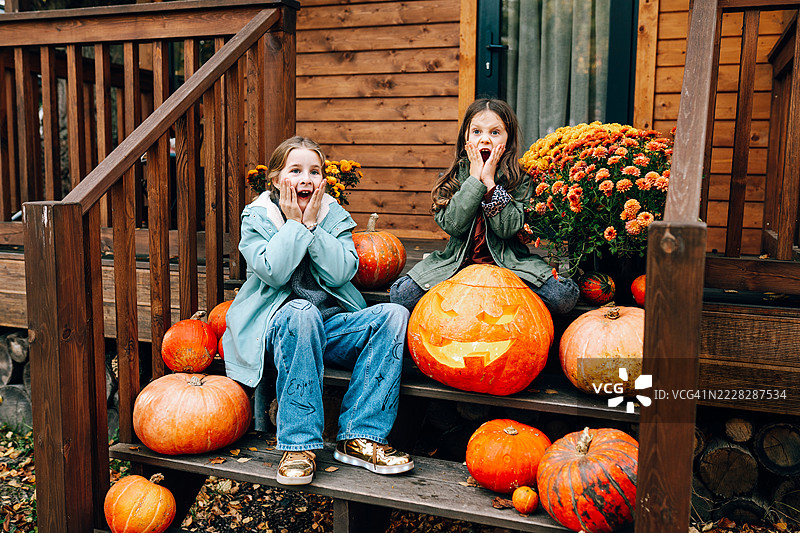 两个惊讶的女孩在万圣节庆祝，旁边有南瓜和菊花。图片素材