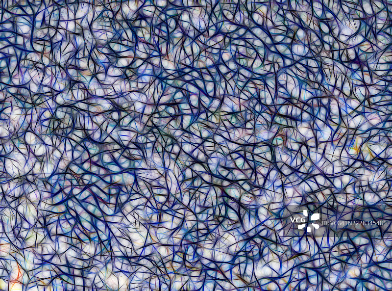 抽象背景，平坦表面上有小型相互连接的合成纤维，呈蓝白色调。图片素材