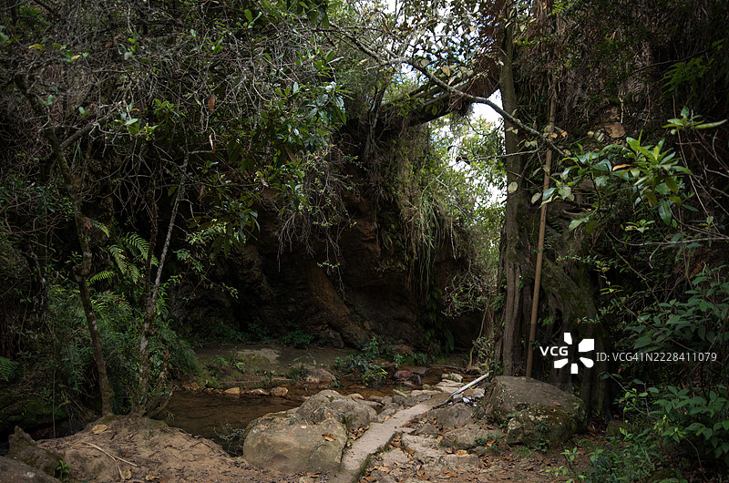在哥伦比亚博亚卡省的维拉德莱瓦，伊瓜克野生动物和植物保护区的圣佩德罗伊瓜克徒步旅行路线上的萨奇卡河图片素材